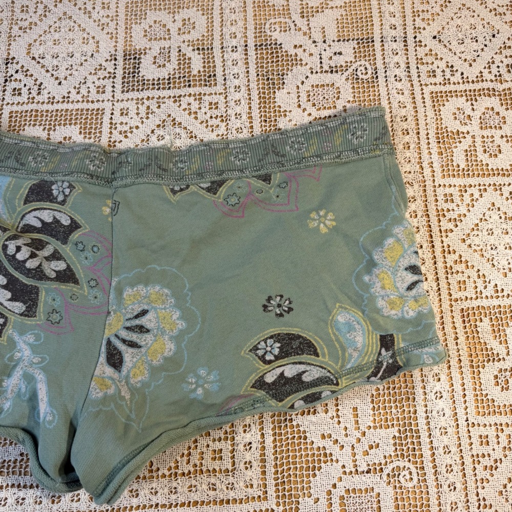 Old Navy VTG Sage Green Floral Paisley Cotton Micro Mini Lounge Shorts Sz L Y2K - Picture 6 of 11